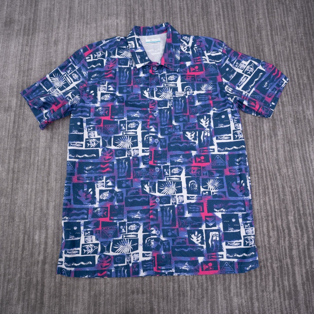 Columbia PFG Fishing Shirt Mens Small Blue Pink Excellent Tropical Fish Print